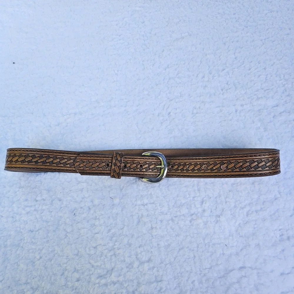 C.L. Belt Mens Small Brown Basketweave Western Tooled Leather Silver Buckle 9700